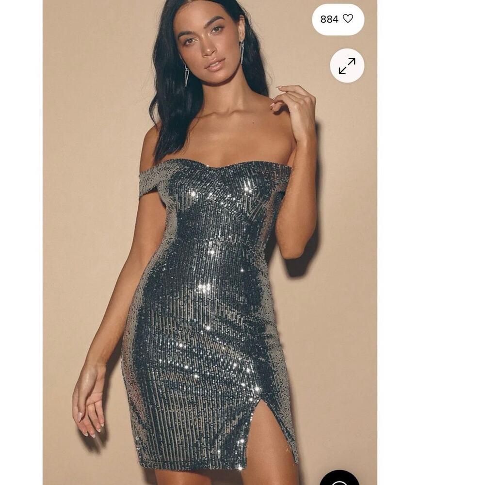 Lulu’s Once in a Lifetime Silver Sequin Off-the-Shoulder Mini Dress Size XS